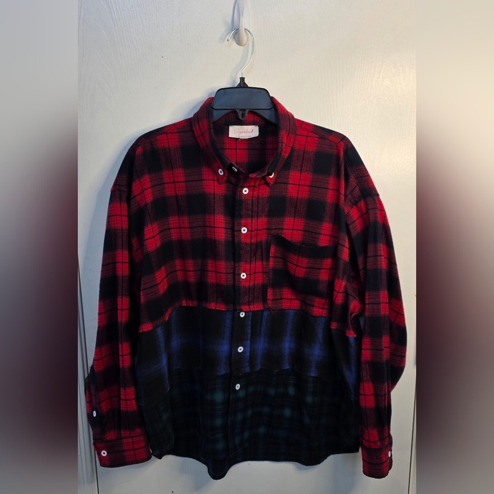 Sugarfox Stylish Red, Blue, Green, and Black Plaid Colorblock Flannel Shirt